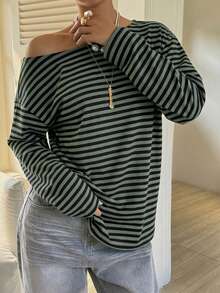DAZY Áo thun dài tay cổ tròn dáng rộng kẻ sọc màu xanh lá cây bằng chất liệu cotton dành cho nữ, thích hợp cho mùa xuân và mùa hè. - màu xanh lá - Xem 3