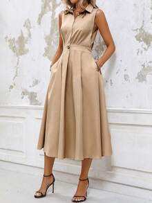 女士纯色简约日常A字无袖连衣裙，新年服装，长款女装 - 卡其色 - 查看 4