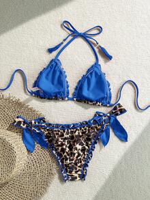 Soleia Women's Retro Colorful Leopard, Zebra, Floral Print Ruffled Tie-Front Tassel Decorated Bikini Set, Suitable For Beach Vacation Summer Bathing Suit - Royal Blue - View 2