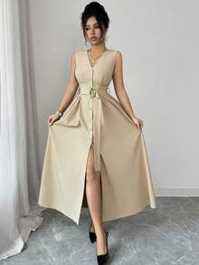 Elenzga Áo khoác cardigan dệt kim không tay cổ chữ V mới dành cho nữ, điểm nhấn là vòng kim loại, kiểu dáng thanh lịch, thích hợp mặc lâu dài. - Màu Khaki - Xem 5