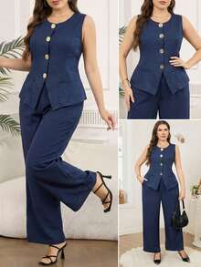 SHEIN Clasi Bộ đồ công sở thanh lịch cỡ lớn, màu trơn gồm áo vest và quần, 2 món, thích hợp cho mùa hè. - Màu xanh lam - Xem 1