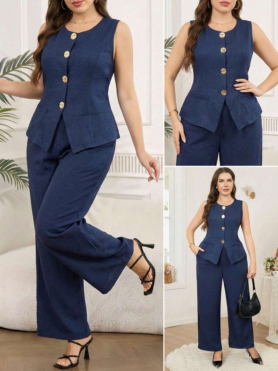 SHEIN Clasi Bộ đồ công sở thanh lịch cỡ lớn, màu trơn gồm áo vest và quần, 2 món, thích hợp cho mùa hè. - Màu xanh lam - Xem 1