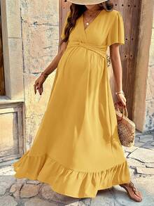 SHEIN Maternity Solid V-Neck Ruched Casual Minimalist Party & Outing Dress - Yellow - View 3
