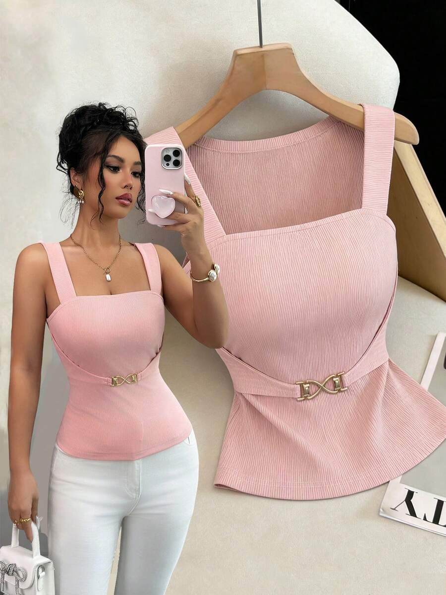 Selianne Women's Fashion Square Neck Cinched Waist Metal Buckle Decor Romantic Sexy Elegant Casual Commute Golf Date Beach Party Dinner Vest Spring Summer - Pink - View 1