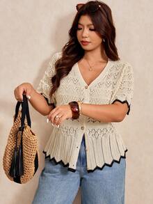 SHEIN Elaquor 大码女式镂空短袖单排扣针织开衫 - 杏色 - 查看 5