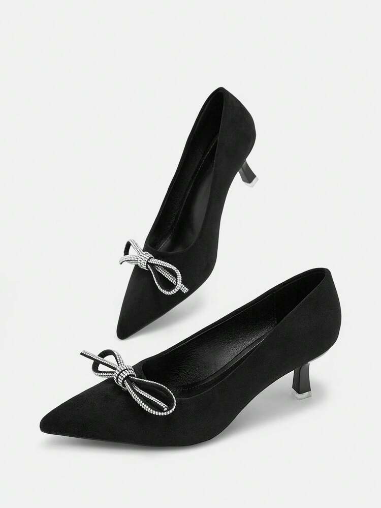 CUCCOO CURVES Women Shoes Wide Fit Fashion Pointed Toe Thin Heel Black Rhinestone Thin Belt Bow Buckle Simple Classic Daily Comfort Fattened High Heel Women's Shoes Plus Size