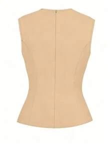 GlowEve CURVE Plus Size Solid Color Metal Decor Asymmetric Hem Sleeveless Blazer - Mocha Brown - View 2