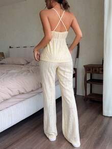 Napfluff French Romantic Lace Tie-Up Textured Jacquard Camisole And Flared Pants Loungewear Set - Yellow - View 2