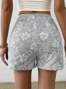 SHEIN Unity Women Floral Jacquard Pleated Random Cut Shorts - Grey - View 2