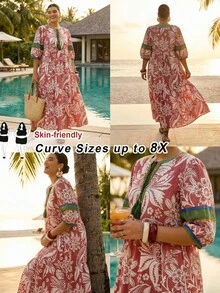 SHEIN CURVE+ 大码女士热带植物印花长裙，V领蝴蝶结喇叭袖宽松休闲波西米亚风连衣裙，春夏海滩度假连衣裙，碎花连衣裙，法式连衣裙，婚礼宾客连衣裙，优雅复古海滩装扮，度假服饰，伊比沙岛风格 - 紅色 - 查看 2