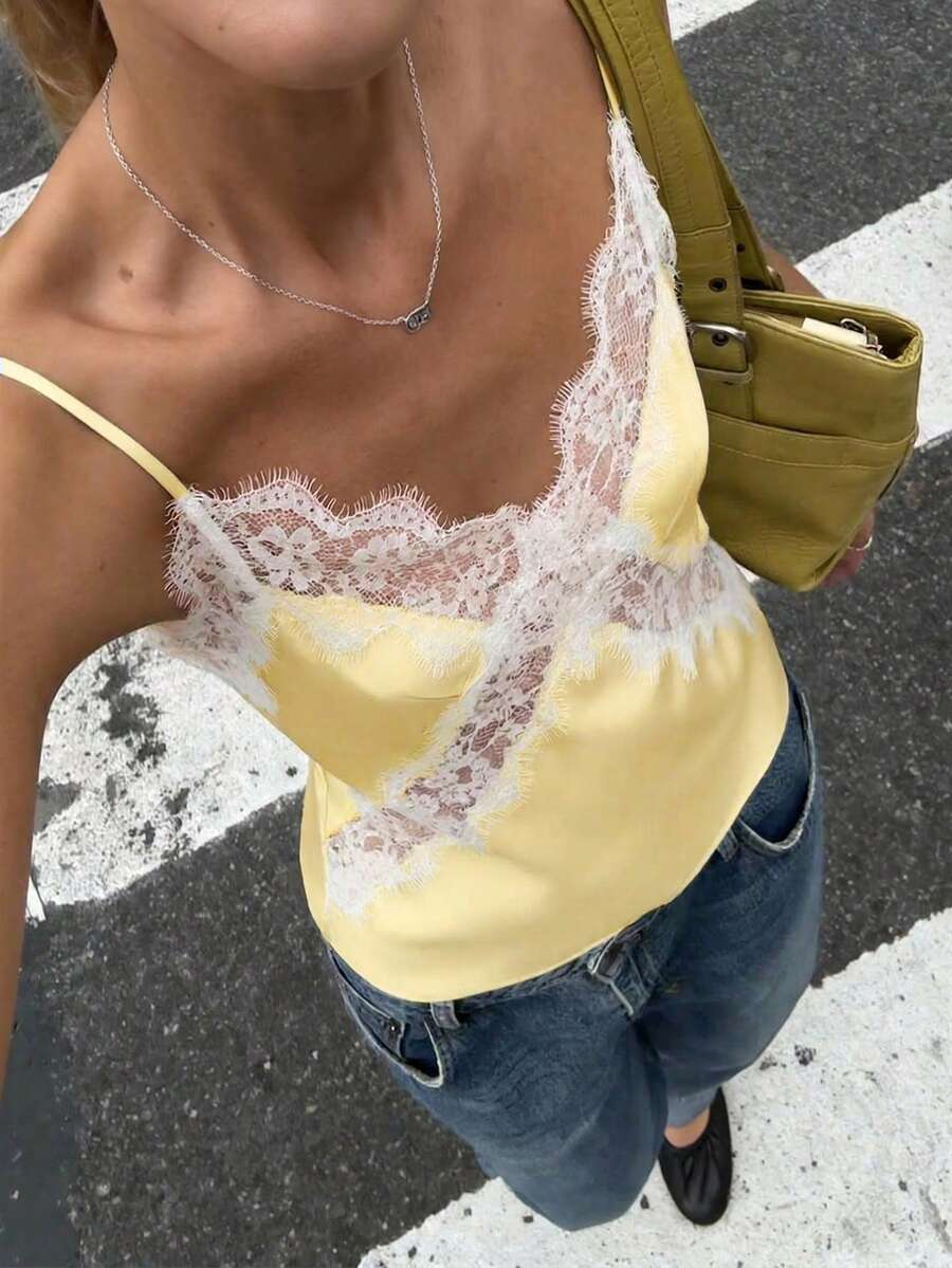 SHEIN BAE 女士撞色蕾丝吊带背心 - 黃色 - 查看 1