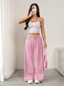 SHEIN PETITE 女士高腰水洗粉色阔腿牛仔裤，休闲夏季穿搭，女士宽松口袋喇叭裤腿休闲牛仔裤 - 粉色 - 查看 7