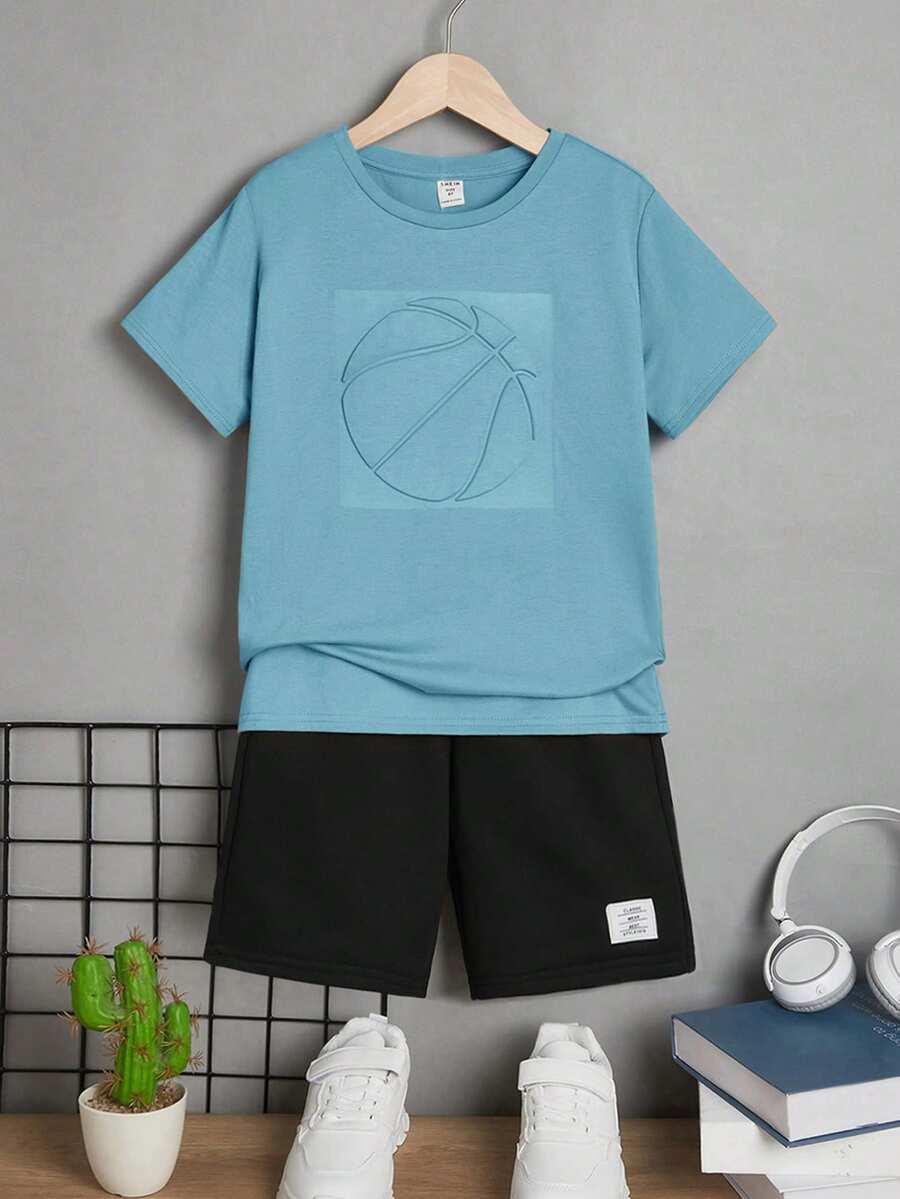 SHEIN 2pcs/Set Tween Boy Casual Round Neck Short Sleeve T-Shirt And Shorts Outfit - Blue - View 1