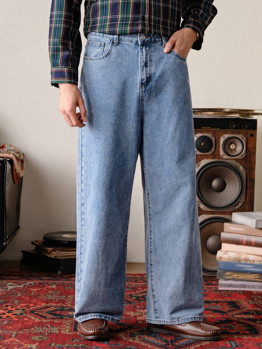 VeloEdit Quần jeans ống rộng dáng suông có túi dành cho nam giới - Rửa nhẹ - Xem 1