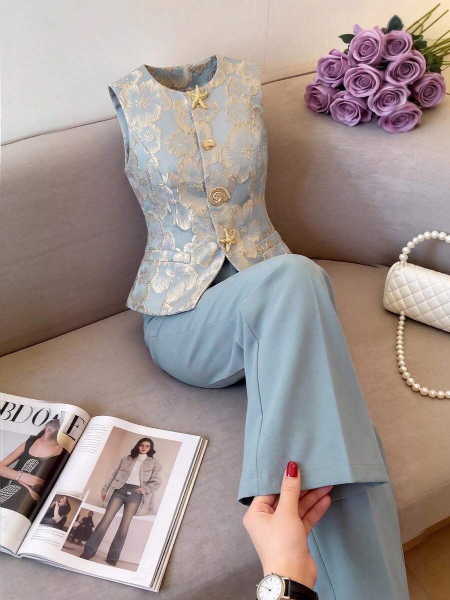 Ellevyn Bộ đồ nữ thanh lịch gồm áo không tay và quần ống rộng chất liệu jacquard, kiểu dáng nghỉ dưỡng, thích hợp cho mùa xuân/hè/thu. - Màu xanh nhạt - Xem 1