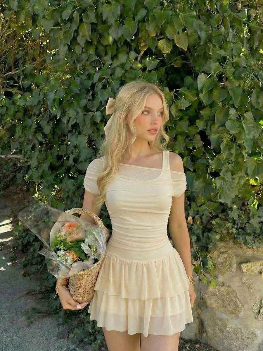 SHEIN MOD 女士杏色不对称肩部两件式荷叶边下摆连体裤，夏季 - 杏色 - 查看 1