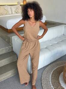 Livesso Bộ đồ mặc nhà tối giản dành cho nữ, gồm áo tank top và quần dài, thích hợp cho mùa hè. - Màu Khaki - Xem 4