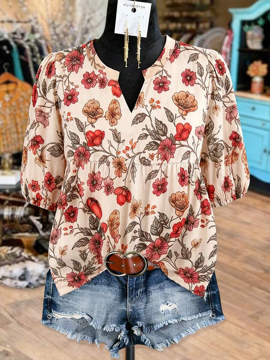 Linhara 大码女式V领印花衬衫，夏季女装 - 杏色 - 查看 1