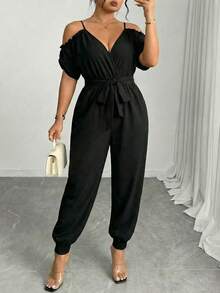 SHEIN Elenzya Plus Size Black Off-Shoulder Lace Jumpsuit,Elegant Curve Night Out Cocktail Club Summer Wide Leg 2 Piece Set,Cinched Waist See Through Jumpsuits - Black - View 4