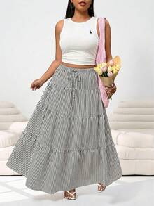 SHEIN EZwear Summer Elegant Boho Smart Casual Plus Size 2-Piece Set, Horse Embroidery Ribbed Knit Tank Top White Elastic Waist Maxi Skirt, Vacation - Multicolor - View 3
