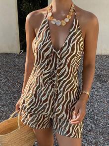 DAZY Bộ đồ hai mảnh dành cho nữ, gồm áo hai dây cổ chữ V họa tiết da báo, hở lưng và buộc dây. - Cà phê nâu - Xem 3