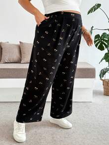 Plussiva Calça casual de uso diário com estampa total, plissada, Plus Size para gestantes - Preto - Visão 5