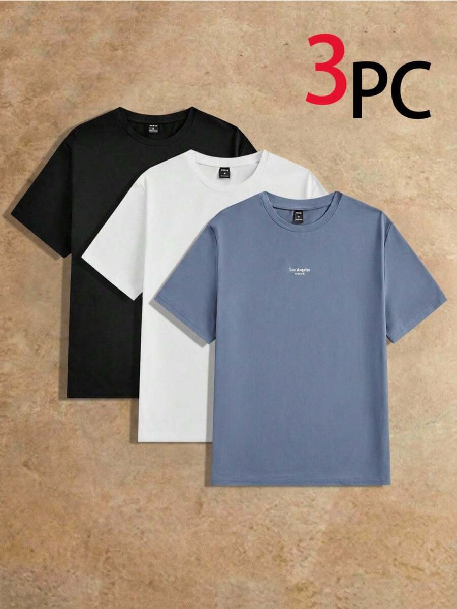 HIMLAND 3pcs Pack Men's Letter Printed Short Sleeve T-Shirt For Summer - Dusty Blue - View 1