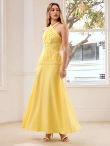 MOTF PREMIUM Đầm nữ màu vàng cổ yếm, viền ren, chất liệu vải linen Tencel, thích hợp cho hẹn hò và nghỉ mát, mùa xuân/hè. - Màu vàng - Xem 5