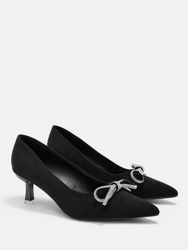 CUCCOO CURVES Women Shoes Wide Fit Fashion Pointed Toe Thin Heel Black Rhinestone Thin Belt Bow Buckle Simple Classic Daily Comfort Fattened High Heel Women's Shoes Plus Size