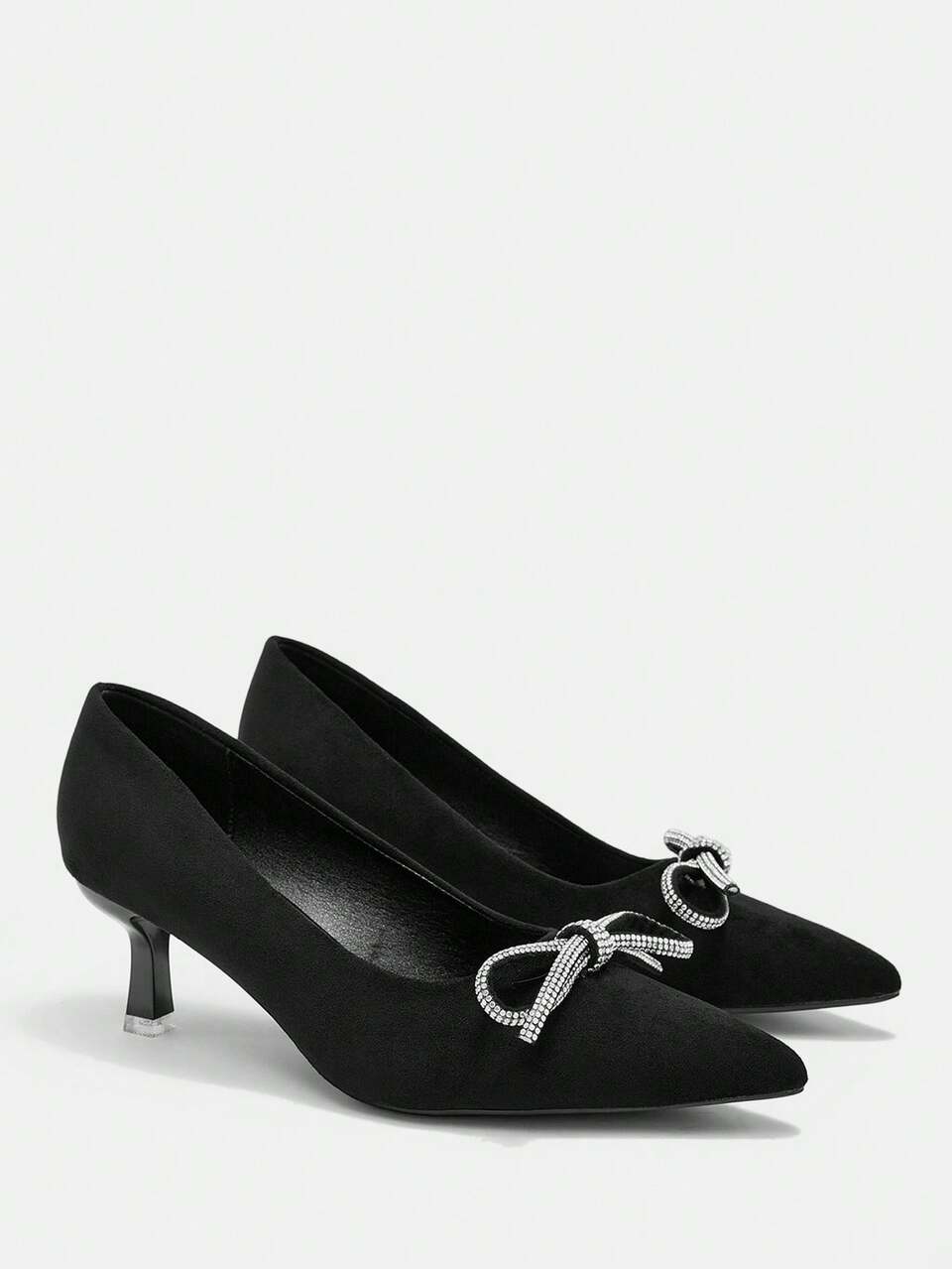 CUCCOO CURVES Women Shoes Wide Fit Fashion Pointed Toe Thin Heel Black Rhinestone Thin Belt Bow Buckle Simple Classic Daily Comfort Fattened High Heel Women's Shoes Plus Size