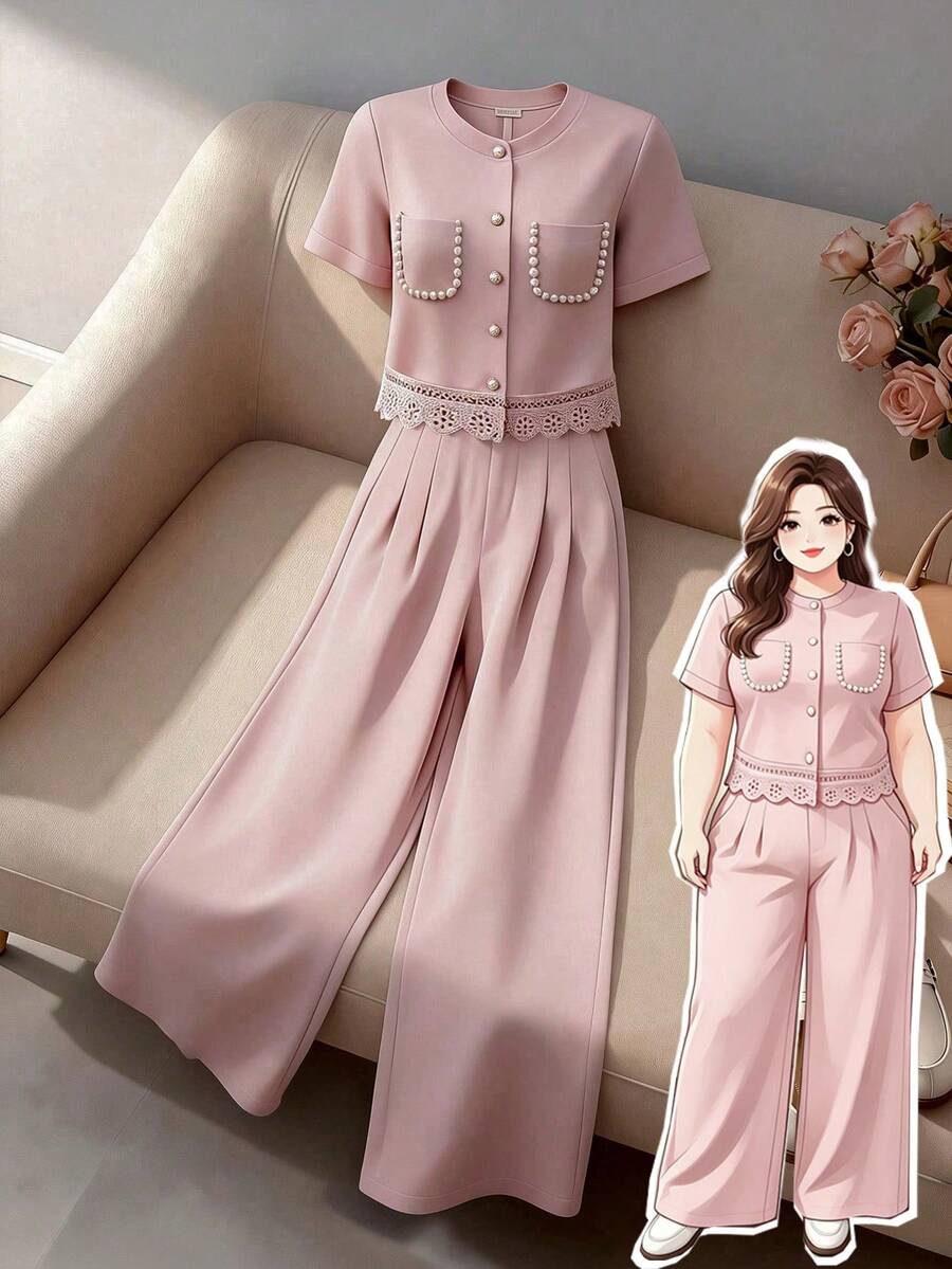 GlowEve CURVE Bộ đồ nữ cỡ lớn cổ tròn cài cúc đơn, đính ngọc trai giả, tay ngắn, kết hợp với quần ống rộng xếp ly, thích hợp cho ngày Valentine, mùa xuân. - Hồng - Xem 1