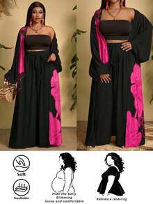 SHEIN CURVE+ Curve 尺码 US22 音乐节、海滨度假、波西米亚风女士花卉图案灯笼袖长袍和裤子宽松两件套 - 彩色 - 查看 1