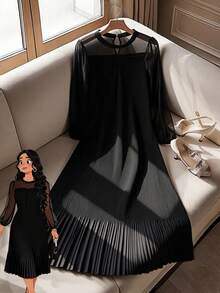 GlowEve CURVE 大码女式纯色灯笼袖荷叶边下摆优雅连衣裙 - 黑色 - 查看 1