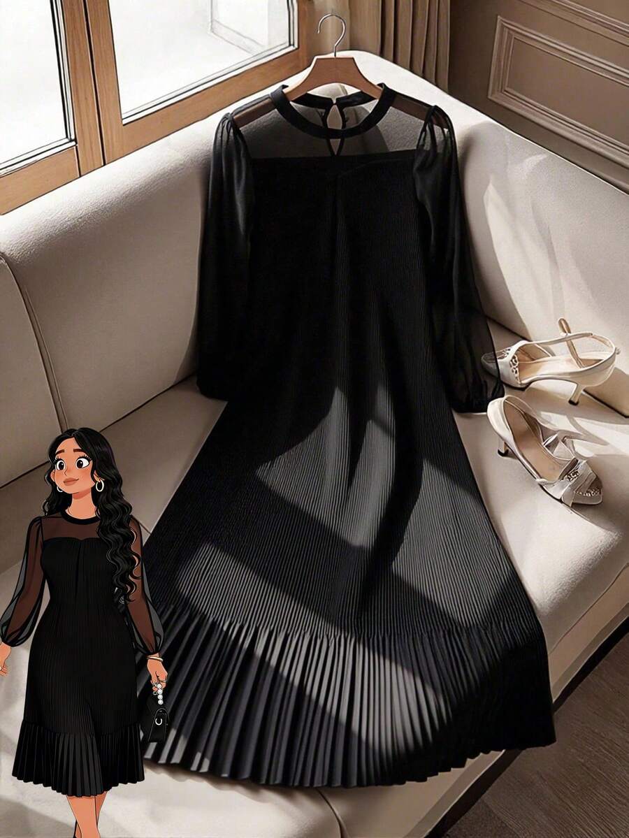 GlowEve CURVE 大码女式纯色灯笼袖荷叶边下摆优雅连衣裙 - 黑色 - 查看 1