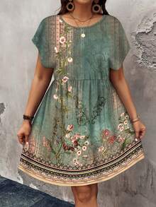 SHEIN LUNE Đầm dáng rộng tay ngắn, cổ tròn, họa tiết hoa vintage tối giản, eo nhún bèo, cỡ lớn, thích hợp cho kỳ nghỉ xuân/hè. - Nhiều màu - Xem 5