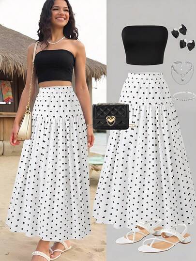 Sparklyn Bộ đồ hai mảnh dành cho tuổi teen: áo ống dệt kim màu trơn và chân váy in hoa, thích hợp cho kỳ nghỉ biển.