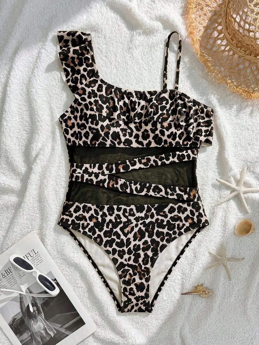 SHEIN 少女修身休闲舒适运动连体泳衣,带荷叶边装饰 - 彩色 - 查看 1