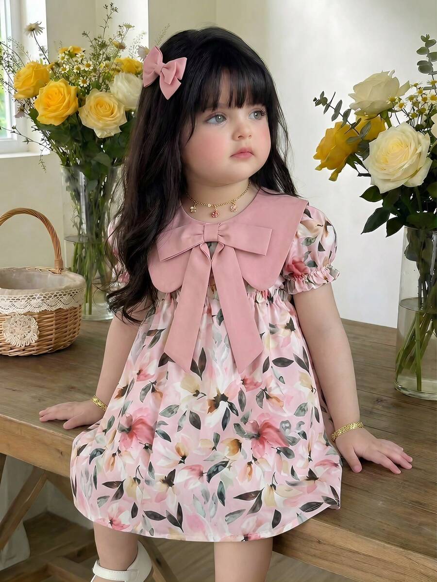 LMoss Kids 女婴碎花编织彼得潘领荷叶边蝴蝶袖休闲连衣裙 - 彩色 - 查看 1