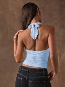 SHEIN BAE Women's Solid Color Deep V Neck Pleated Halter Camisole - Baby Blue - View 2