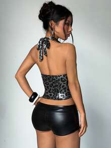 EgrlEra Top halter con estampado de leopardo y cristales, espalda descubierta, para verano - Multicolor - Ver 2