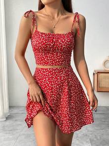 Breezaya 夏日度假浪漫海滩碎花吊带背心和迷你裙套装 - 紅色 - 查看 4