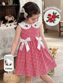 LMoss Kids Đầm chữ A ôm dáng, cổ tròn, phối bèo nhún và nơ trang trí, màu đỏ, thích hợp cho kỳ nghỉ gia đình, tiệc tùng, sinh nhật và các dịp khác. Kiểu dáng dễ thương, thanh lịch và thời trang, thể hiện phong cách công chúa. Có thể mặc cùng mẹ, con gái hoặc em gái. Thích hợp cho mùa xuân/hè. - Nhiều màu - Xem 2