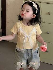 DAZY 女婴圆领二合一蕾丝拼接短袖上衣 - 芥末黃 - 查看 5