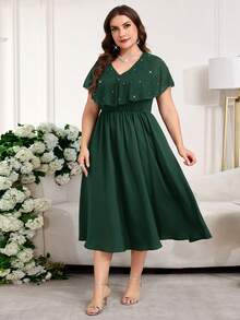 SHEIN Clasi Plus Size Women Elegant Patchwork Ruffle Beaded Design Dress - Dark Green - View 6