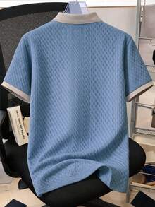 EGENSIO Camisa polo de cuello acanalado con 3 botones, textura jacquard y bordado para hombres - Neblina azul - Ver 2
