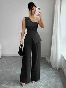 Top de camisola sin mangas con cuello alto con volantes, de línea A, de seda suave y satinada, de estilo francés romántico y vintage, elegante para la oficina, los negocios, la playa, el casual, versátil, para primavera/verano - Negro - Ver 4