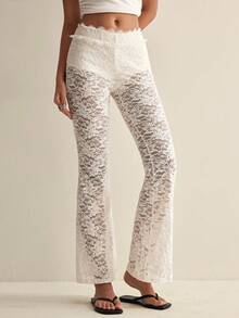 Easelle 女士性感时尚白色蕾丝透视喇叭裤 - 杏色 - 查看 3