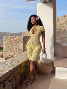 SHEIN BamGlam Women's Fashionable Sexy Hollow Lace Sheer Jumpsuit - Yellow - View 5