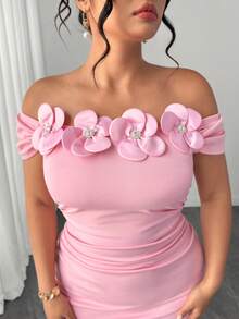 Elenzga Plus Size Pink 3D Floral One-Shoulder Mermaid Formal Dress, Slim Fit Evening Gown - Pink - View 8