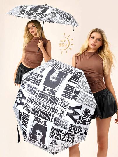 HARRY POTTER X SHEIN 1 Cartoon Character Print Umbrella, Black Sunscreen Coating, Sun Protection Index 50 +, Suitable For School, Work, Going Out And Daily Use, Specially Designed For College Students, High School Students, Men And Women, Cute